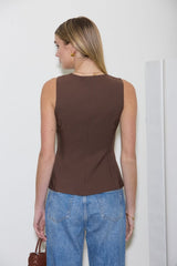 Split Front Button Down Long Line Vest Top  (2 Color Ways)