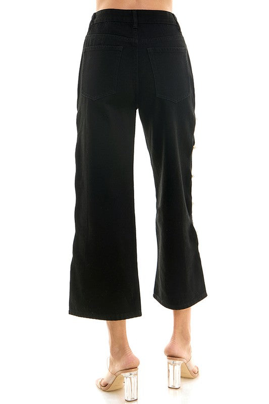Cutout Cropped Wide Leg Denim Pant (Denim, Black)