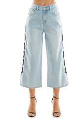 Cutout Cropped Wide Leg Denim Pant (Denim, Black)