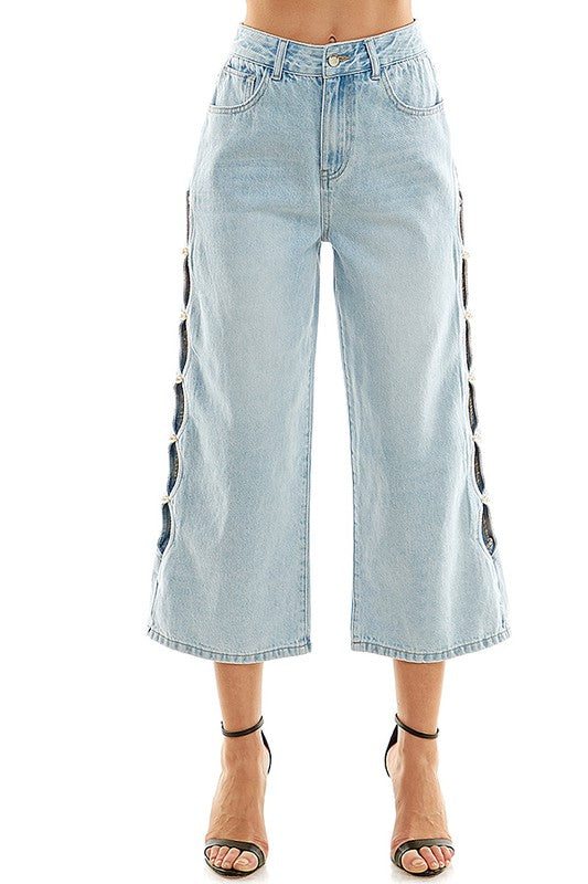 Cutout Cropped Wide Leg Denim Pant (Denim, Black)