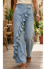 Ruffle Wrap Wide-Leg Denim Pants