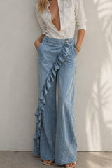 Ruffle Wrap Wide-Leg Denim Pants