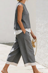 Color Block Sleeveless Tank Top Wide Pants Set