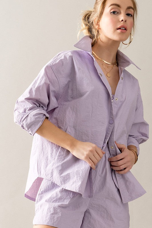 Oversized Snap Button Shirt And Shorts Set