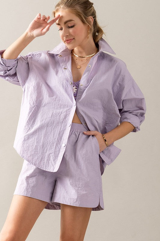 Oversized Snap Button Shirt And Shorts Set