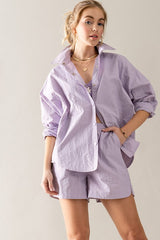 Oversized Snap Button Shirt And Shorts Set