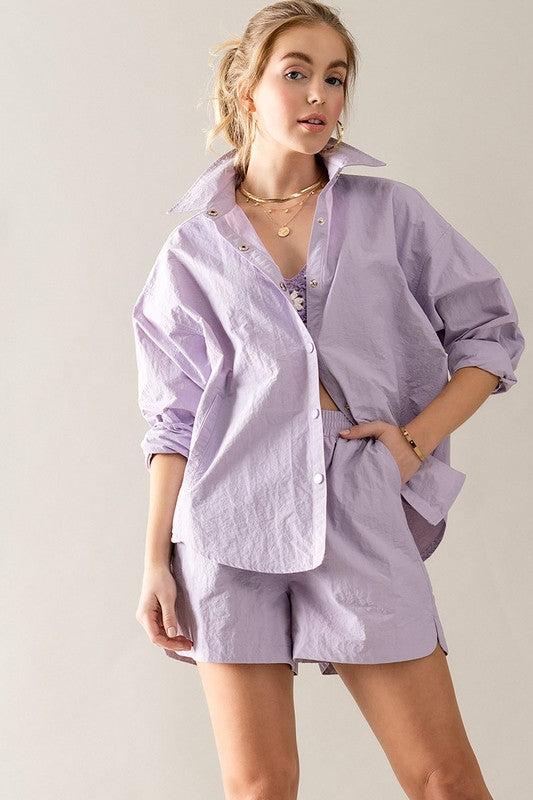 Oversized Snap Button Shirt And Shorts Set