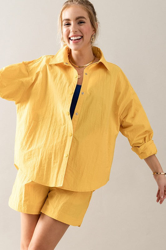 Oversized Snap Button Shirt And Shorts Set