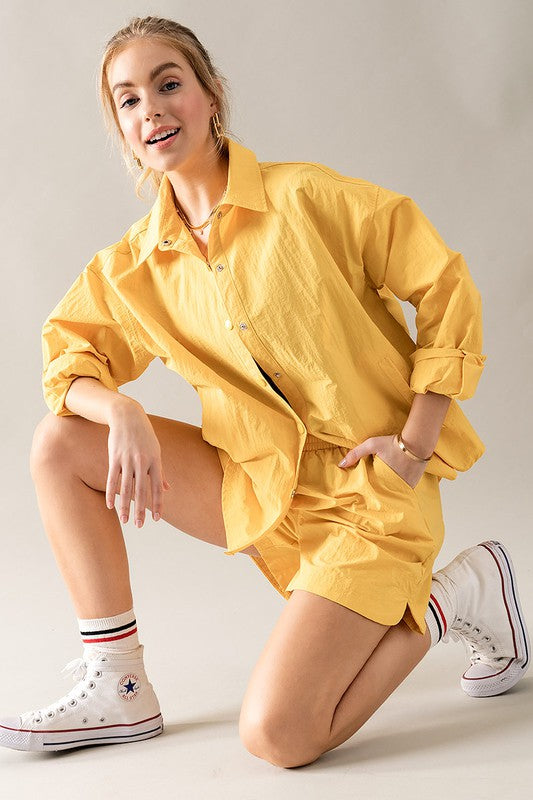 Oversized Snap Button Shirt And Shorts Set