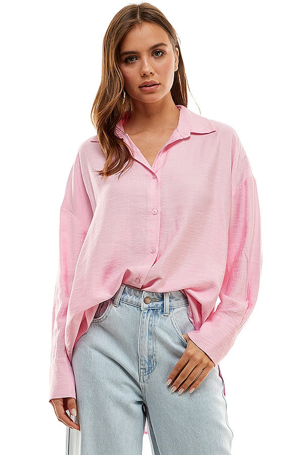 Drop Shoulder Button Down Top (Pink or White)