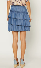 Chambray Tiered Skirt With Scallop Edge