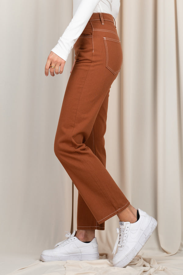 Straight Leg Contrast Jeans (Chocolate or Green)