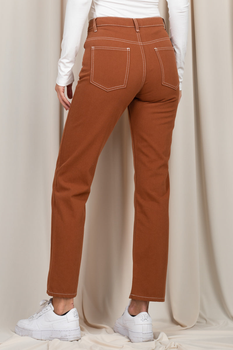Straight Leg Contrast Jeans (Chocolate or Green)