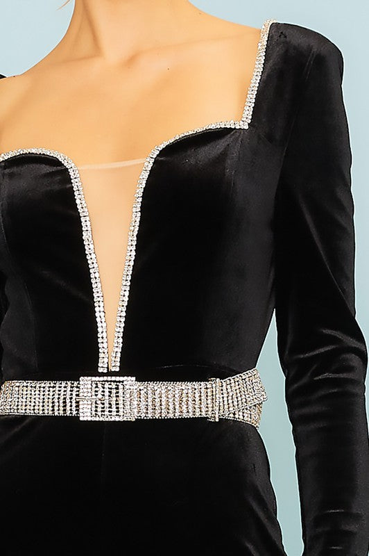Rhinestone Belt Velvet Jumpsuit