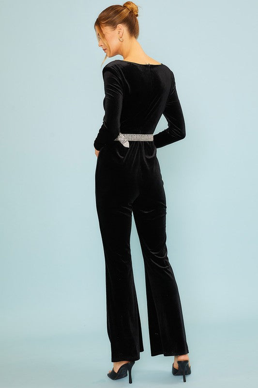 Rhinestone Belt Velvet Jumpsuit