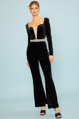 Rhinestone Belt Velvet Jumpsuit