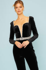 Rhinestone Belt Velvet Jumpsuit