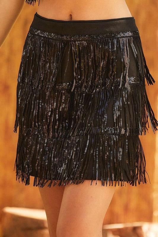 Side Zipper Sequin Fringe Skirt