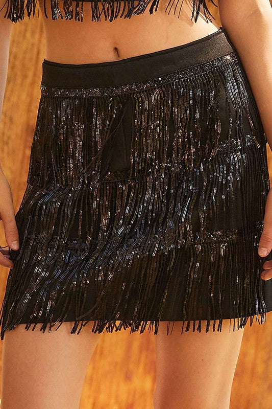 Side Zipper Sequin Fringe Skirt