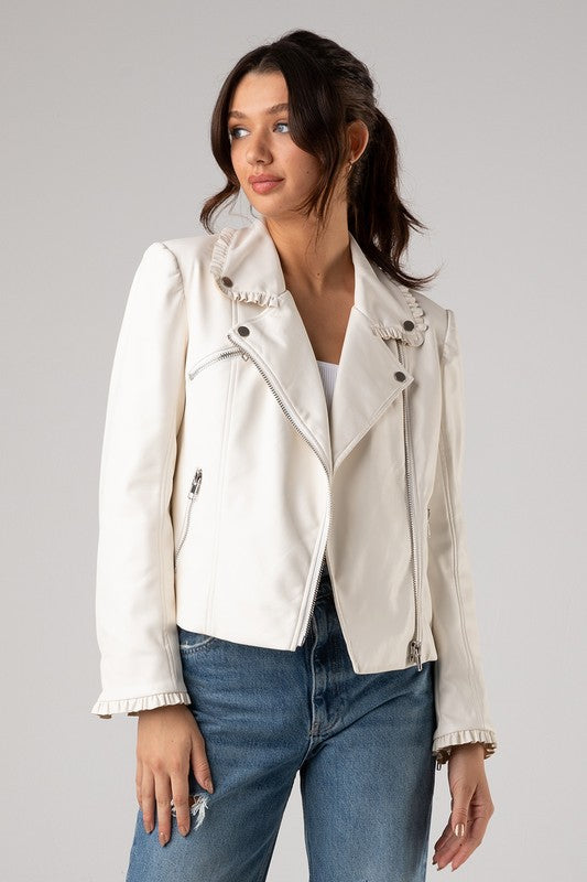 Ruffle Detail Faux Leather Jacket
