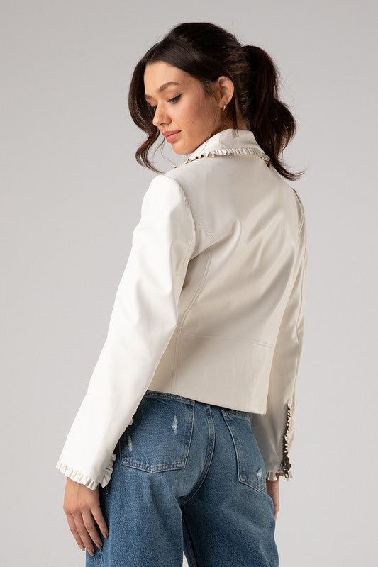 Ruffle Detail Faux Leather Jacket