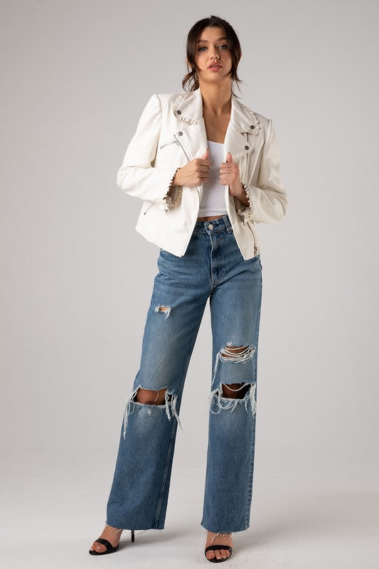 Ruffle Detail Faux Leather Jacket