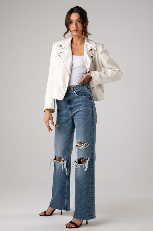 Ruffle Detail Faux Leather Jacket
