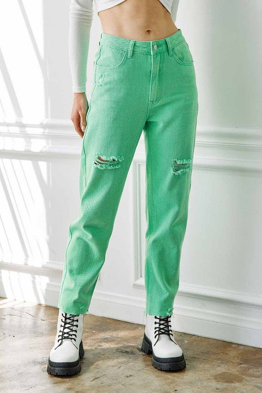 Distressed Color Denim Jeans (Green or Pink)