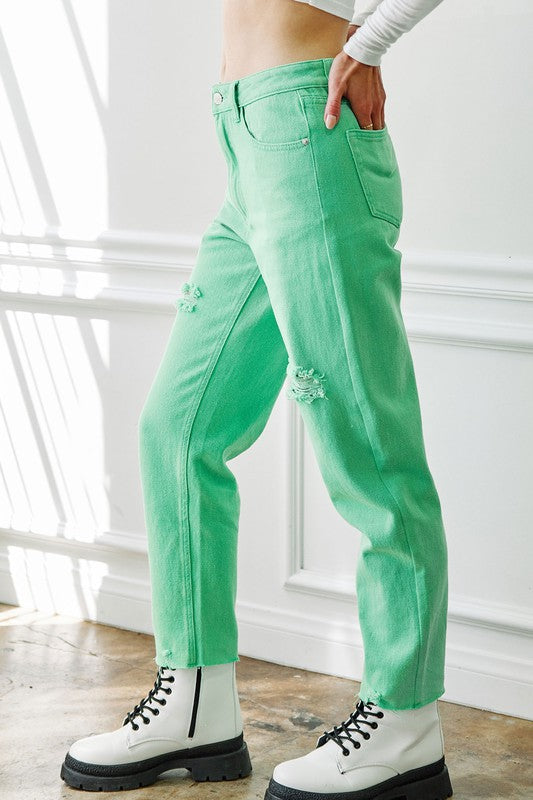 Distressed Color Denim Jeans (Green or Pink)