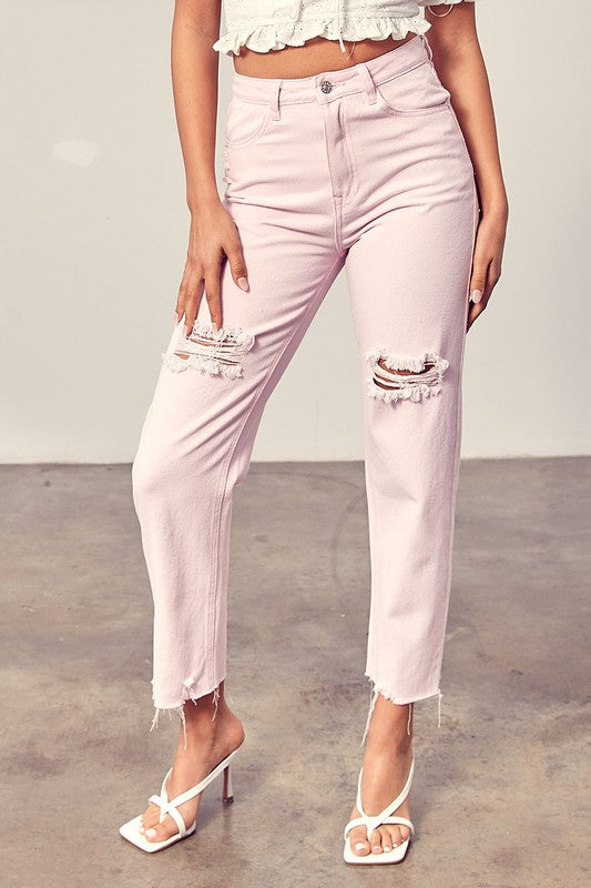 Distressed Color Denim Jeans (Green or Pink)