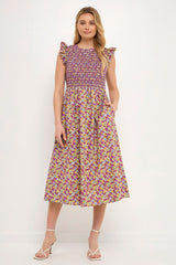 Floral Smocked Bodice Midi Dress