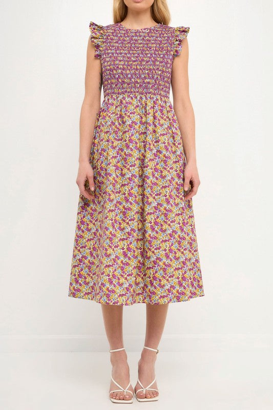 Floral Smocked Bodice Midi Dress
