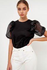 Mixed Media Organza Puff Sleeve Top
