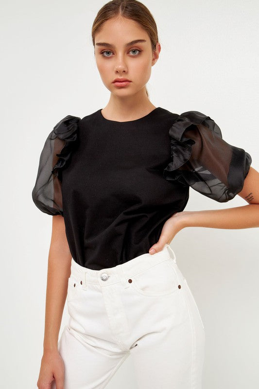 Mixed Media Organza Puff Sleeve Top