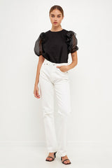 Mixed Media Organza Puff Sleeve Top