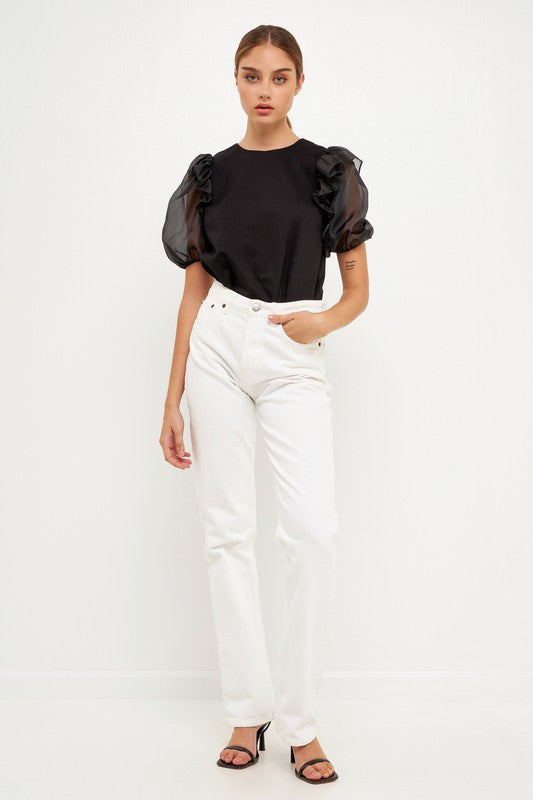 Mixed Media Organza Puff Sleeve Top