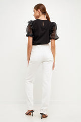 Mixed Media Organza Puff Sleeve Top