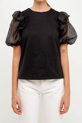 Mixed Media Organza Puff Sleeve Top
