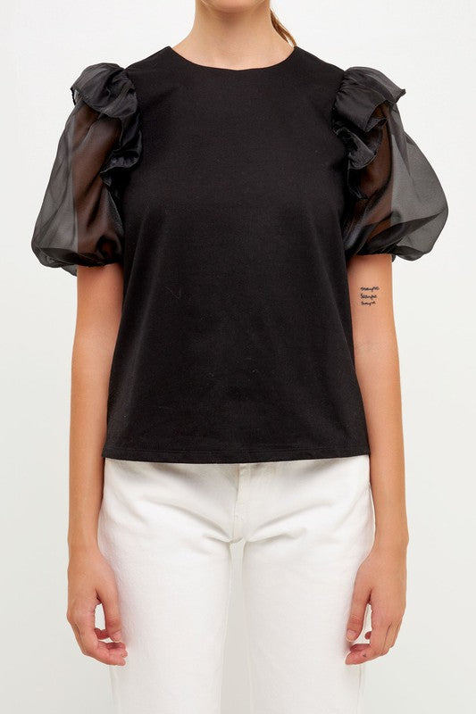 Mixed Media Organza Puff Sleeve Top