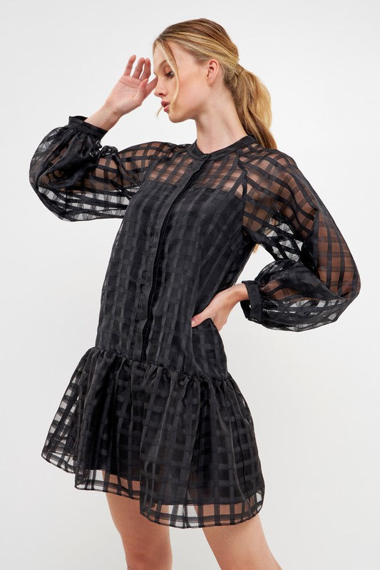 Check Organza Long Sleeve Dress (Black or Red)