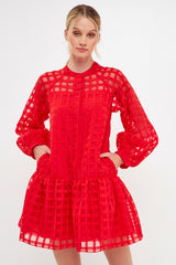 Check Organza Long Sleeve Dress (Black or Red)