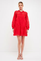 Check Organza Long Sleeve Dress (Black or Red)