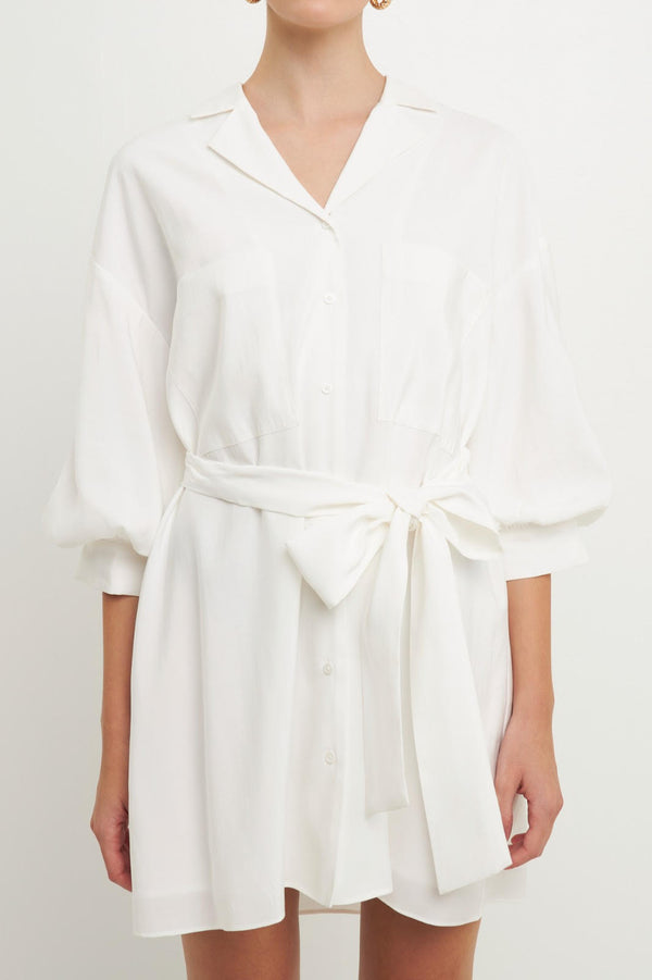 Blouson Sleeve Belted Shirt Dress