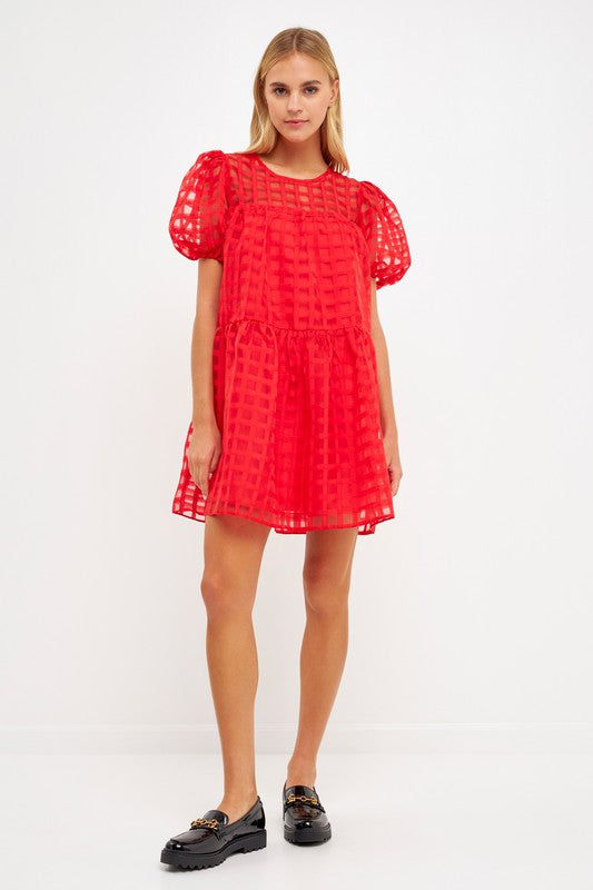 Gridded Puff Sleeve Dress