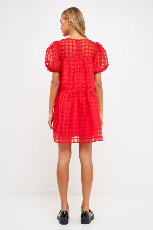 Gridded Puff Sleeve Dress
