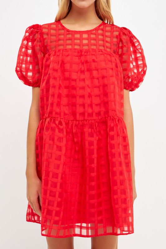 Gridded Puff Sleeve Dress