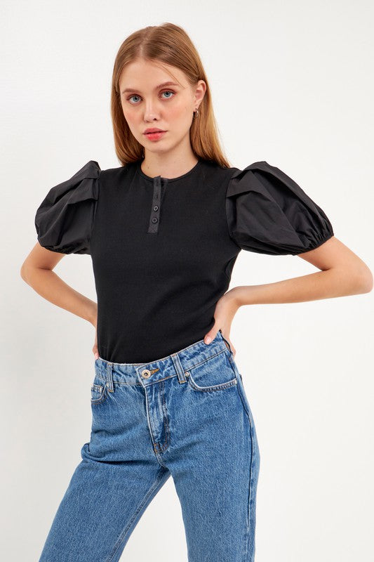 Mixed Media Puff Sleeve Henley Top