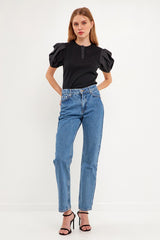 Mixed Media Puff Sleeve Henley Top