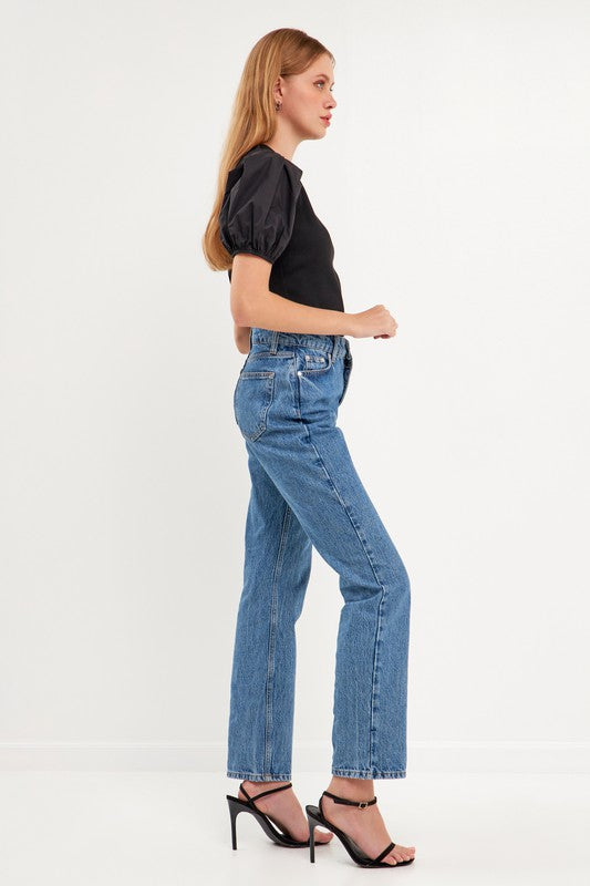 Mixed Media Puff Sleeve Henley Top
