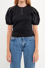 Mixed Media Puff Sleeve Henley Top
